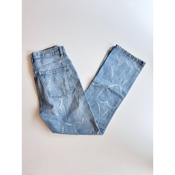 ZARA Medium Wash Heart Distressed High Rise Straight Leg Jeans, Size 6/28 - Picture 1 of 11